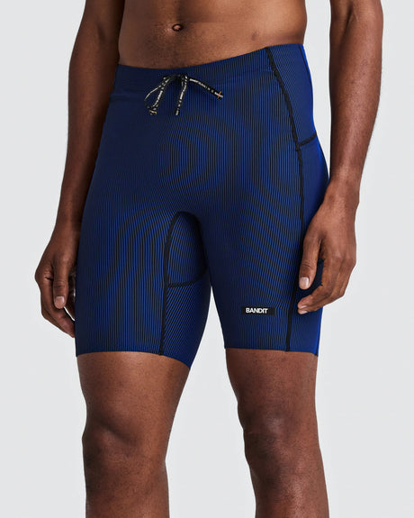 Buy Bandit Men Striped Cadence Half Tights - Black / Bauhaus Blue for running in Singapore - Running Lab SG